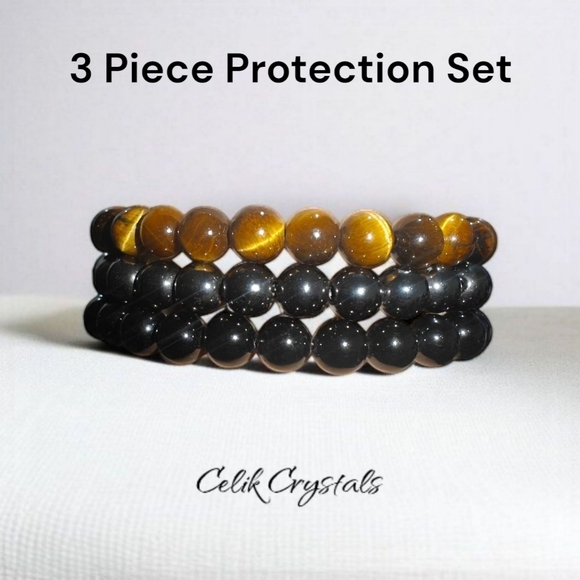 Other - 3 Piece Protection Bracelet Set Tiger Eye Hematite Black Tourmaline 8mm Unisex